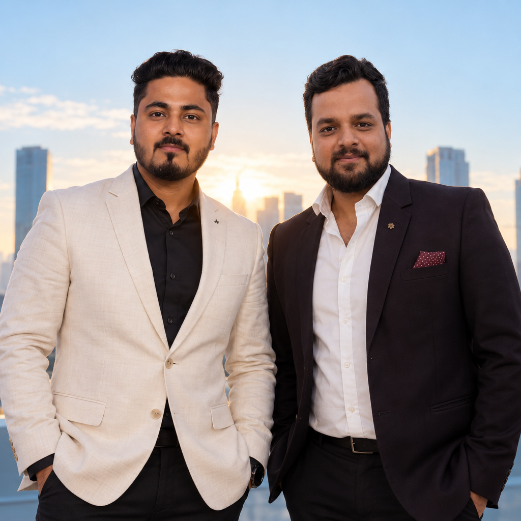 Ayush Dubey and Ankur Tiwari standing together against a city backdrop
