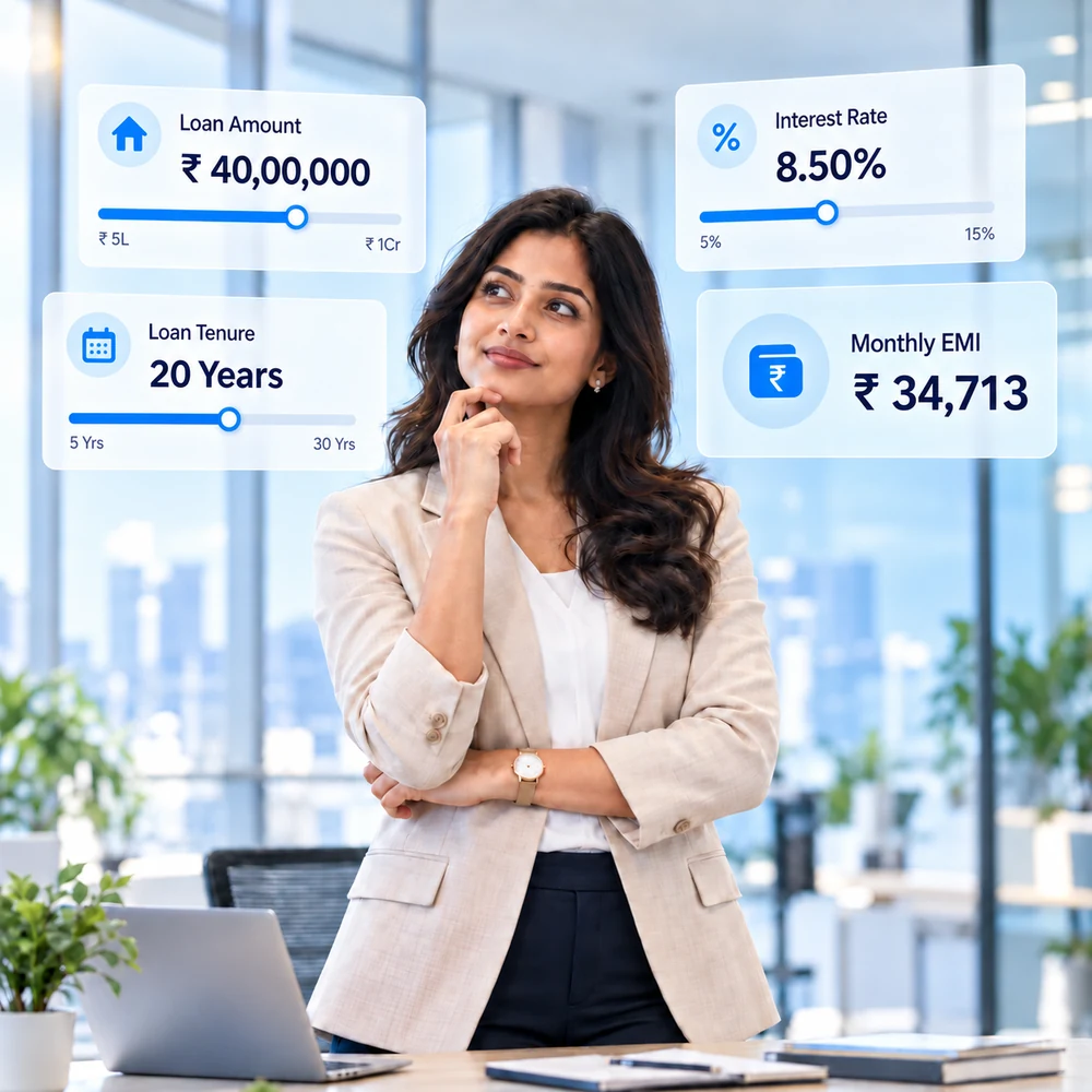 A woman considering illustrative loan amount, rate, tenure and EMI dashboard panels