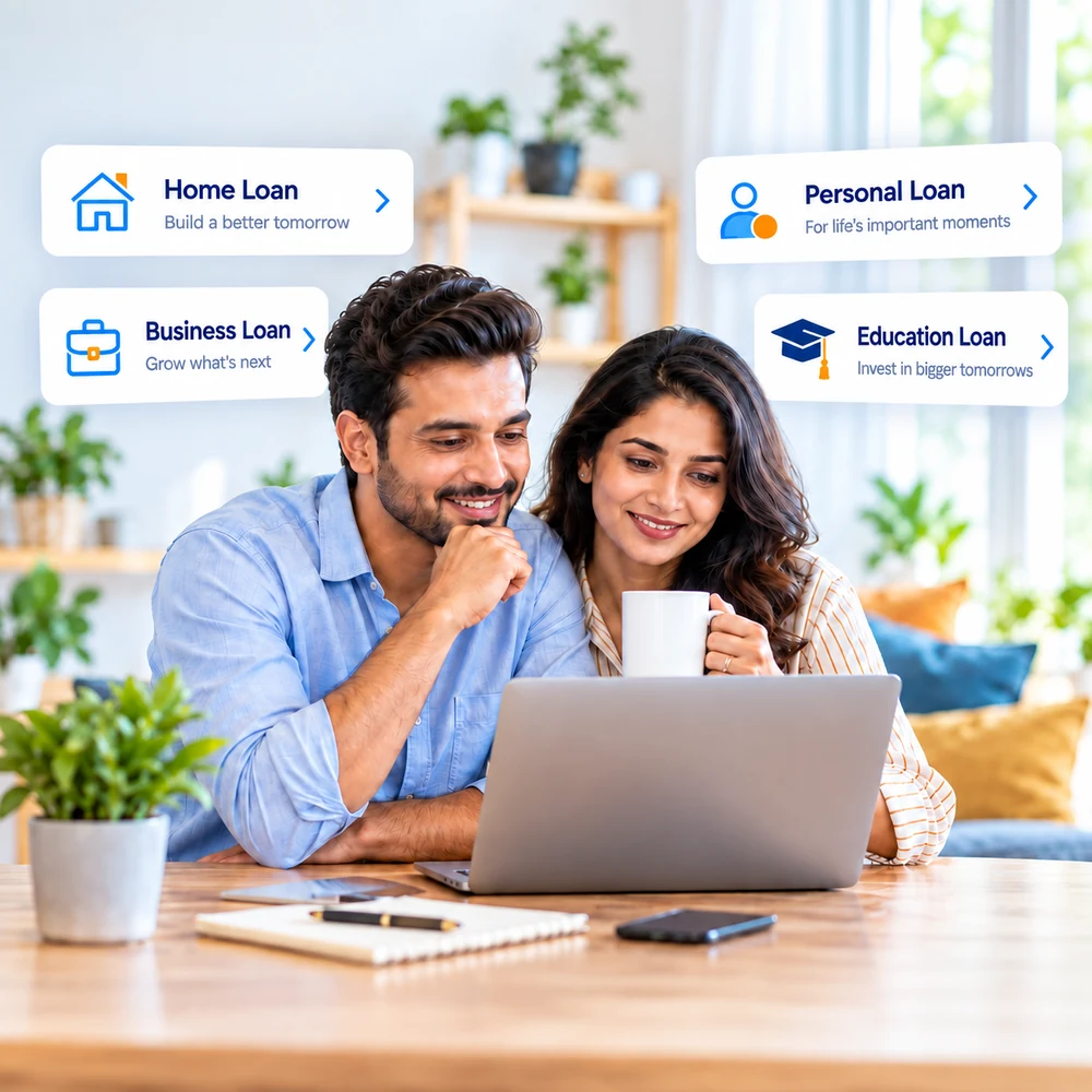 A couple planning at home with home, personal, business and education loan options